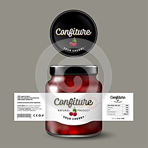 Sour Cherry confiture. Sweet food. White label with berries and letters. Mock up of glass jar with label.