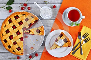 Sour cherry pie, whipped cream and tea