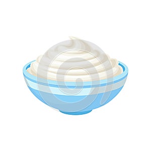 Sour cream in a bowl, healthy fresh dairy product vector Illustration on a white background