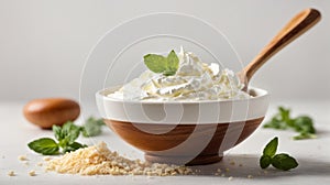 Sour cream in a wooden spoon on a white background.