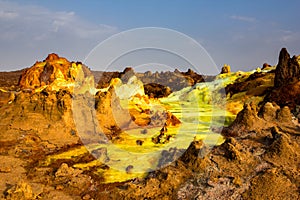 Sour river and mountains in Danakil depression, Ethiopia.