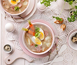 The sour soup ÃÂ»urek, polish Easter soup with the addition of sausage, hard boiled egg and vegetables in a ceramic bowl.