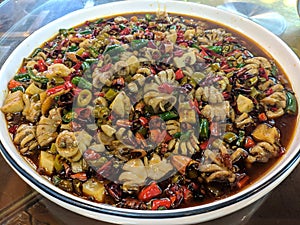 Sour and spicy braised pig`s large intestines