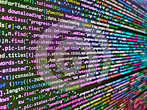. Source abstract algorithm concept, Coded data on monitor, Programming source code HTML for Website development, Programming
