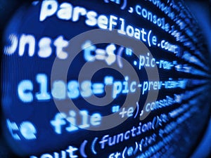 Source abstract. Mobile app developer. Web site codes on computer monitor. Javascript functions, variables, objects. Abstract