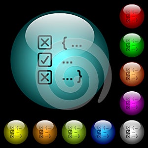 Source code checking icons in color illuminated glass buttons