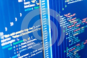 Source code close-up. Software abstract background. Technology background. Script procedure creating.