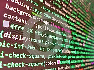 Source code close-up. Web development code: CSSSASS styles preprocessor script lines. WWW software development. Binary computer