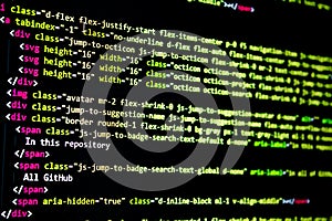 Source code screen. programming code. writing script. programmer editing code background