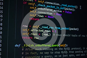 source code screen. programming code. writing script. programmer editing code background