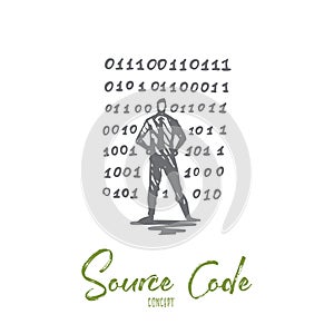 Source code, software, program, development, computer concept. Hand drawn isolated vector.