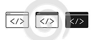 Source code vector icon. Outline file coding script sign. App programming window symbol