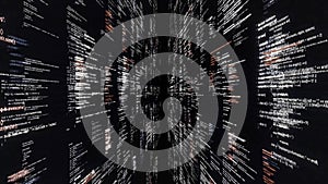 Source code walls on black background. Animation. Dive into cyberspace with walls of source code on black background
