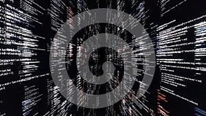 Source code walls on black background. Animation. Dive into cyberspace with walls of source code on black background