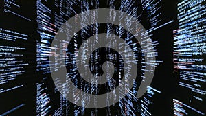 Source codes in cyberspace on black background. Animation. Dive into cyberspace with walls of source code. Access to