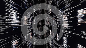Source codes in cyberspace on black background. Animation. Dive into cyberspace with walls of source code. Access to