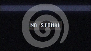 Source No signal old vintage TV. Rolling bars on TV screen. No signal sign. Bad interference. Broken antenna. Distortion