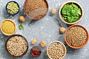 A source of protein and vitamins,a variety of legumes and cereals. Buckwheat, peas, chickpeas,bulgur,buckwheat,brown rice,lentils,