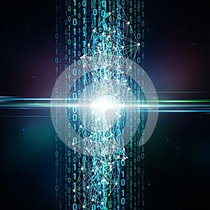 Source surrounded by a complex network of interconnected nodes