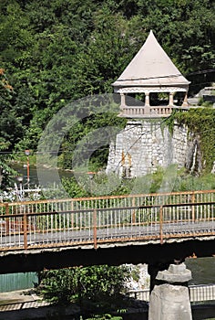 Source Water Neptun on Cerna river Shore from Baile Herculane Resort in Romania