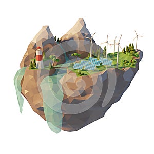 Sources generation clean energy. 3d low poly illustration. Solar panels and wind turbines renewable sources energy