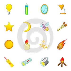 Sources of light icons set, cartoon style