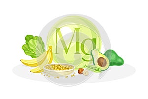 Sources of Mg mineral. Banana, nut, avocado, peas healthy nutrition food. Mineral vitamin supplement vector illustration