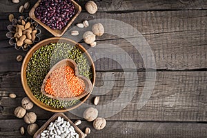 Sources of vegetable protein. collection of various legumes and nuts.