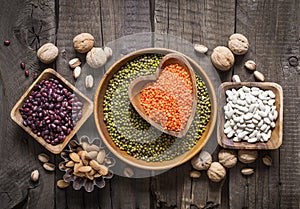Sources of vegetable protein are various legumes and nuts. Top view