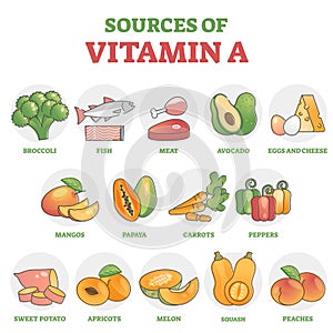 Sources of vitamin A as healthy nutrition food examples in outline diagram photo