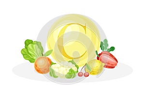 Sources of vitamin C. Turnip, cauliflower, cherry, pepper, lemon healthy nutrition food. Mineral vitamin supplement