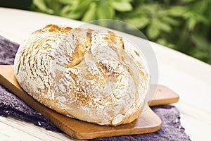 Sourdough Boule or Loaf of Bread on Cutting Board photo