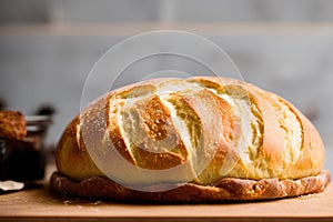 sourdough bread with crispy crust on wooden shelf bakery products