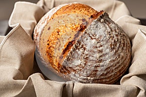 Sourdough bread on linen cloth in basket.