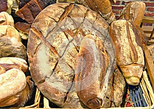 Sourdough breads in wicker basket.