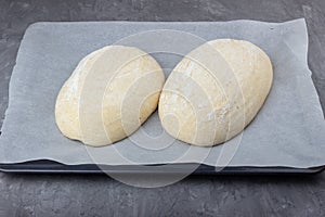 Sourdough dough lying on baking paper, whole wheat recipe.