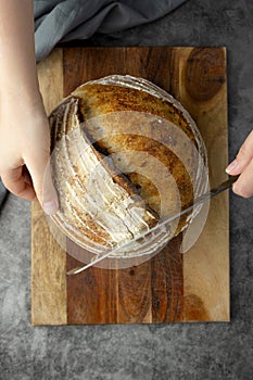 Sourdough rustic bread. Traditional homemade bread, top view