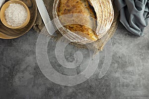 Sourdough rustic bread. Traditional homemade bread, top view, copy space