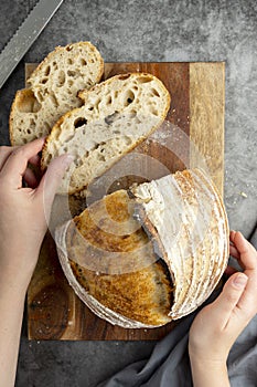 Sourdough rustic bread. Traditional homemade bread, top view, copy space