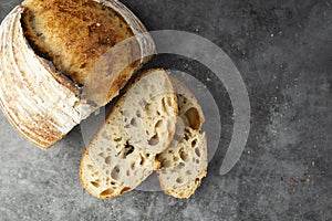 Sourdough rustic bread. Traditional homemade bread, top view, copy space