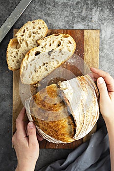 Sourdough rustic bread. Traditional homemade bread, top view, copy space