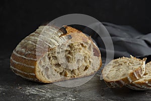 Sourdough rustic homemade healthy bread. Traditional bread, home baking concept