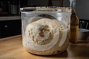 sourdough starter, with bubbles and rising dough, the result of wild yeast fermentation