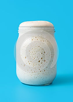 Sourdough starter in a jar, isolated on a blue background