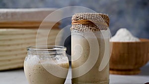 Sourdough starter in jars. Healthy wild fresh homemade yeast for sourdough bread baking.