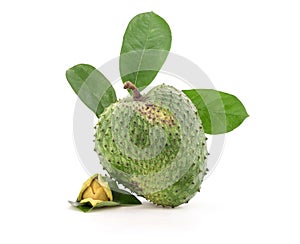 Soursop or Annona muricata fruit ,flower and green leaf isolated on white background with clipping path