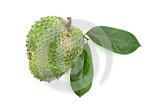 Soursop or Annona muricata fruit and green leaf isolated on white background with clipping path