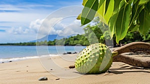 Soursop: A Mesoamerican-inspired Green Fruit On A Sandy Beach