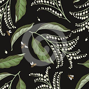Sourwood tree branches with bees seamless pattern