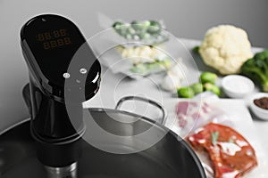 Sous vide cooker in pot and ingredients on table, closeup. Thermal immersion circulator